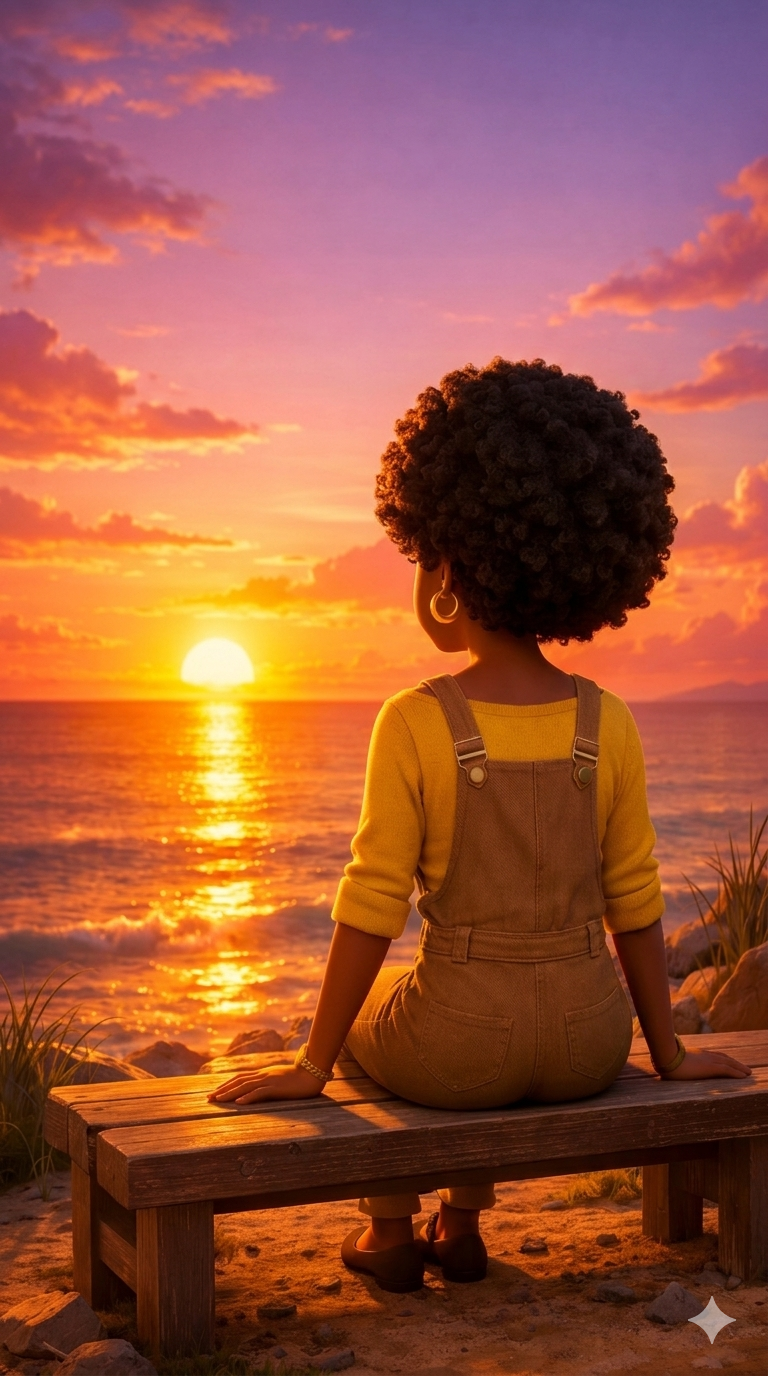 A thoughtful digital painting of Madam Vibrant-Years (39, afro, tan overalls) sitting alone at sunset, reflecting on life after 35.