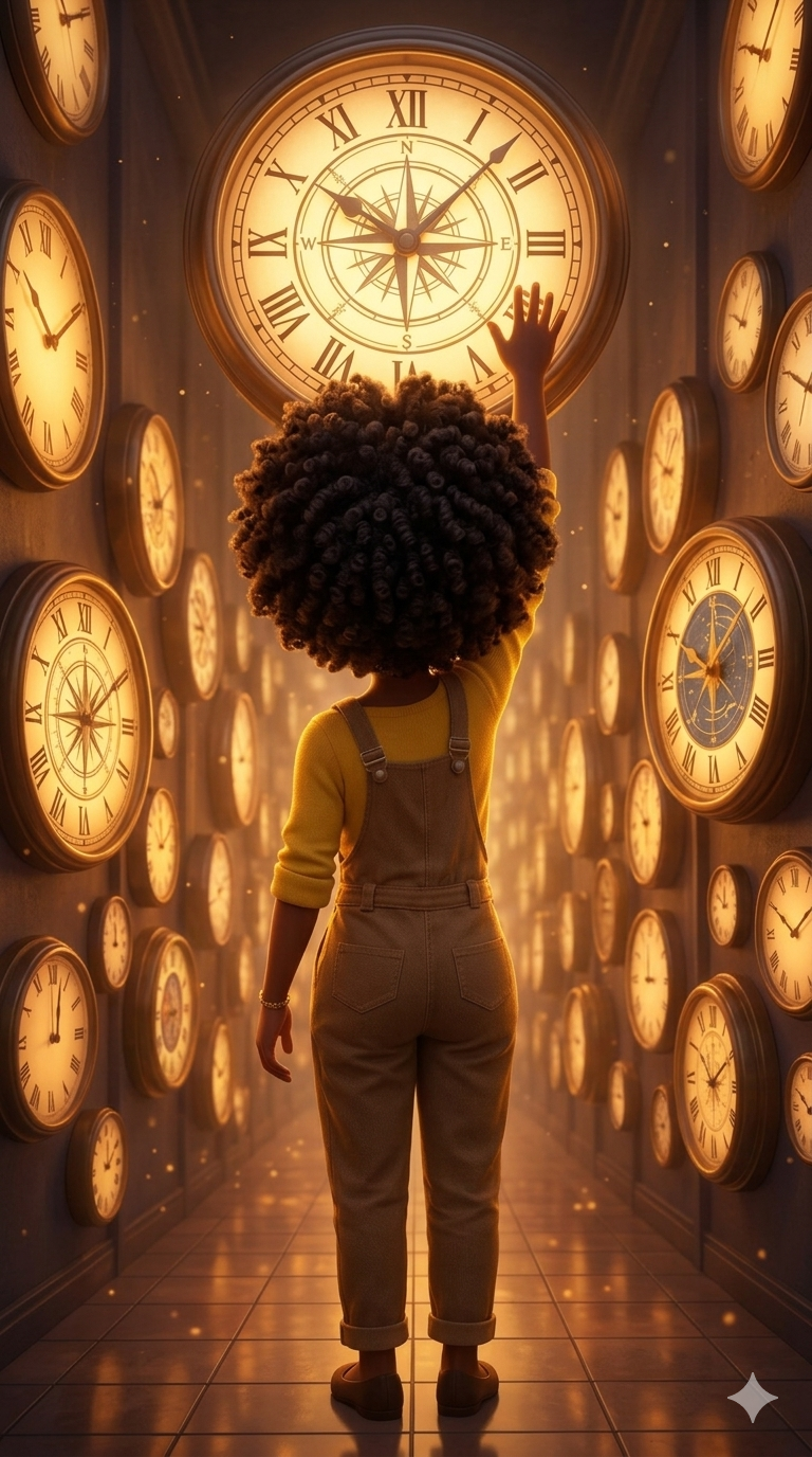 An artistic digital painting of Madam Vibrant-Years (39, afro, tan overalls) facing her quiet fears of time and pressure, represented by swirling glowing clocks.