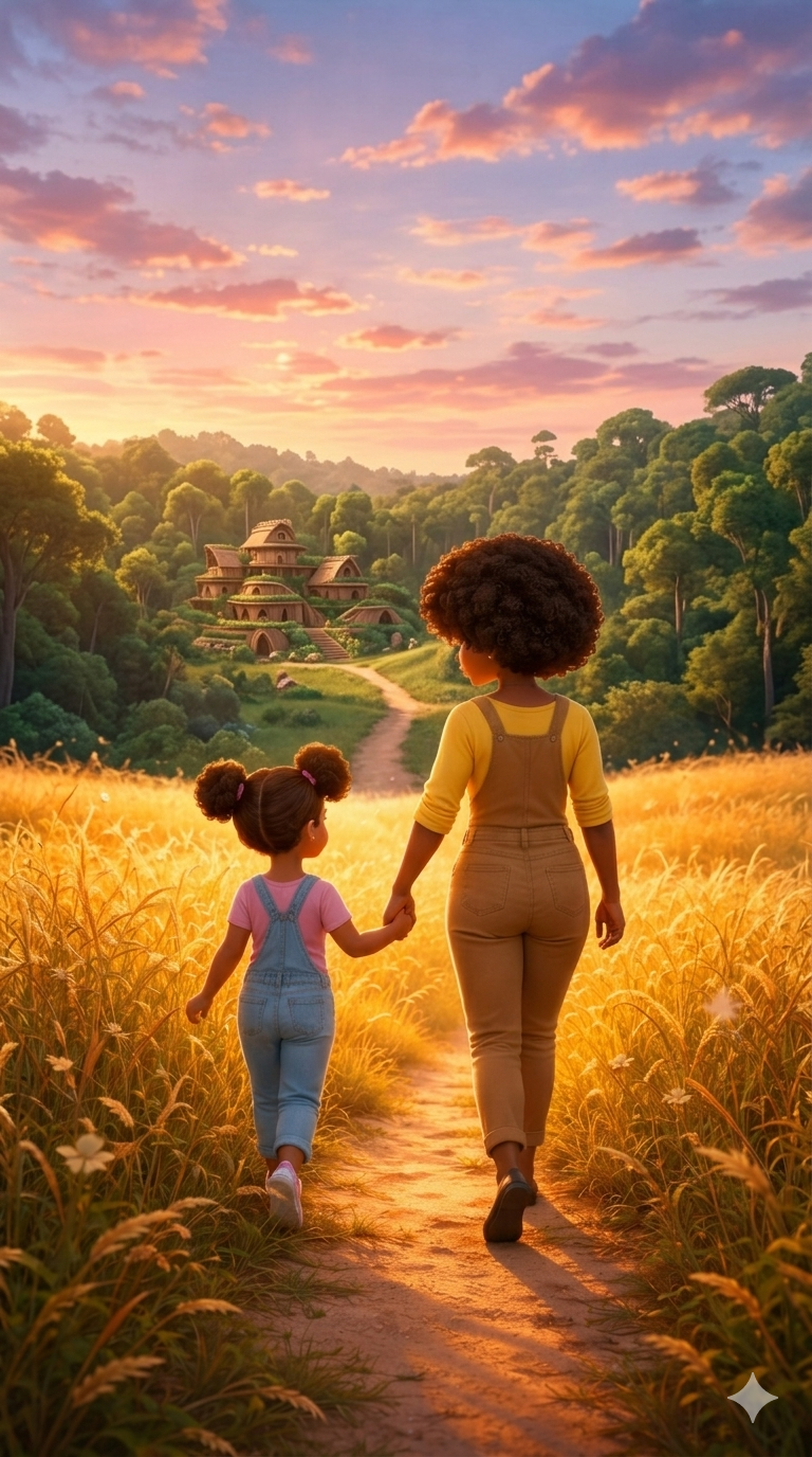 A joyful digital painting of Madam Vibrant-Years and her daughter creating art together, representing the strength and connection that overcomes fear.