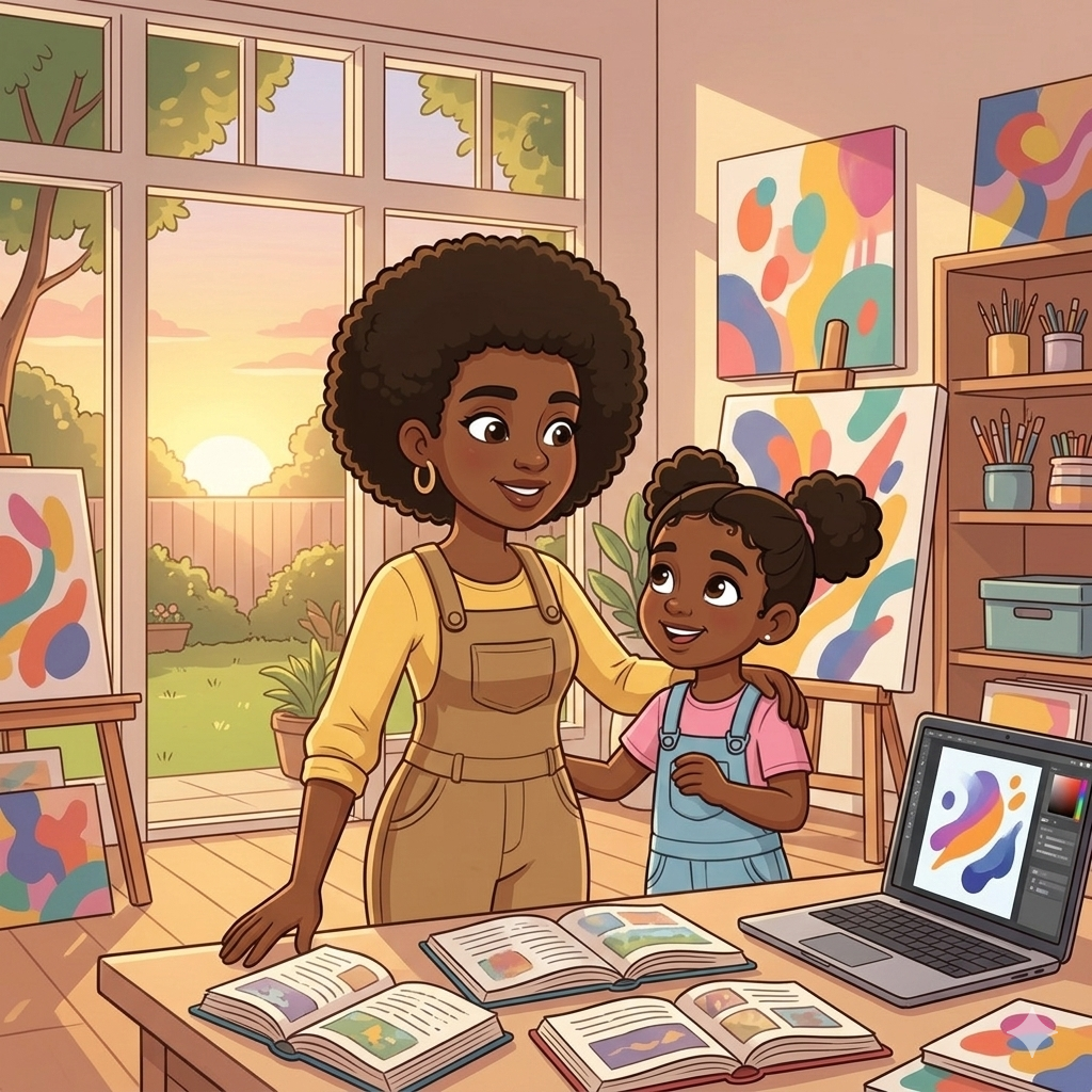 "An artistic digital painting of Madam Vibrant-Years, a 39-year-old woman with an afro, and her young daughter in a bright art studio with a laptop and colorful canvases."