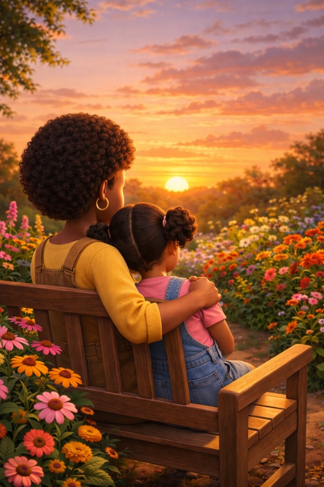 "A soulful digital painting of Madam Vibrant-Years (39, afro, tan overalls) and her daughter sitting on a garden bench, looking at a vibrant sunset, representing the connection and legacy of the brand."