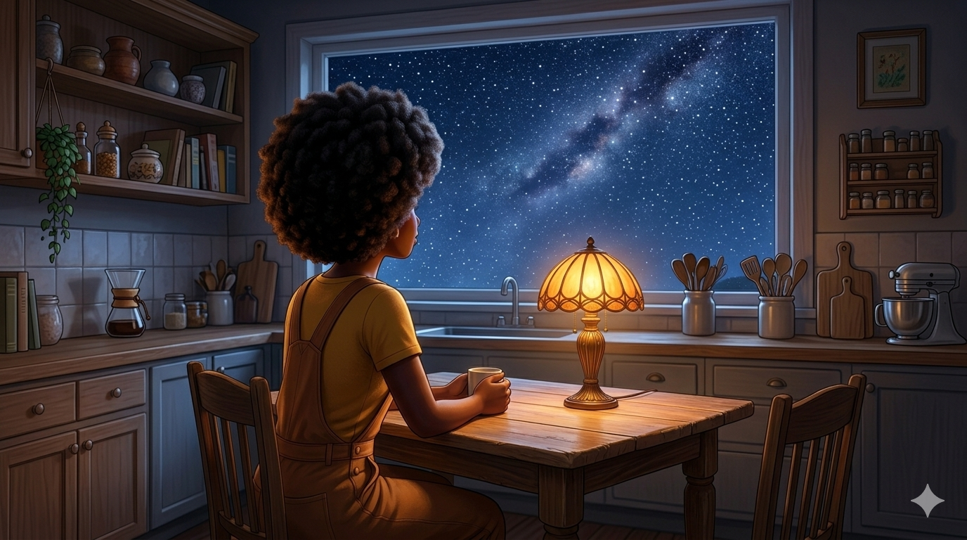 A 3D Pixar-style digital painting of Madam Vibrant-Years, a woman with an afro in a yellow shirt, sitting thoughtfully at a kitchen table at night under a warm lamp.