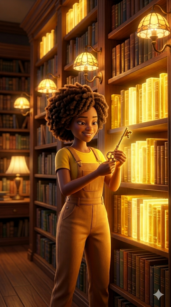 Madam Vibrant-Years in a yellow shirt holding a glowing golden key in a library, 3D Pixar style.