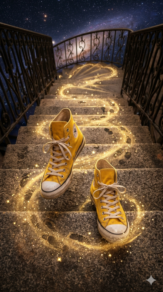 A close-up photograph of bright yellow canvas sneakers on a magical stone staircase, seen from the top looking down. Each step shows a glowing, star-dusted footprint, symbolizing progress and the little steps toward a dream.
