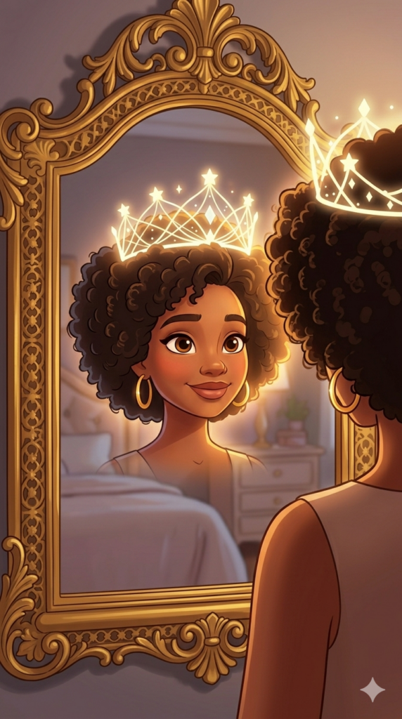 A close-up 3D Pixar-style image of a bedroom mirror. In the reflection, we see Madam Vibrant-Years wearing a glowing, delicate crown made of starlight, symbolizing her inner strength and purpose.