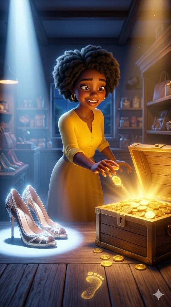 Madam Vibrant-Years choosing a glowing wooden chest of coins over expensive designer shoes.