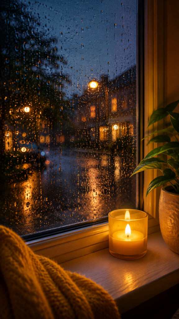 Raindrops on a warm window pane at dusk with a yellow candle flickering softly on the interior wooden sill.