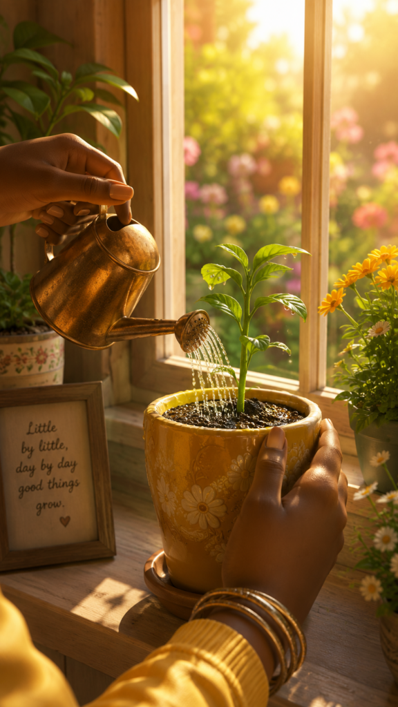 Hands wearing a yellow oven mitt placing a freshly baked meal on a wooden kitchen counter in warm sunlight.