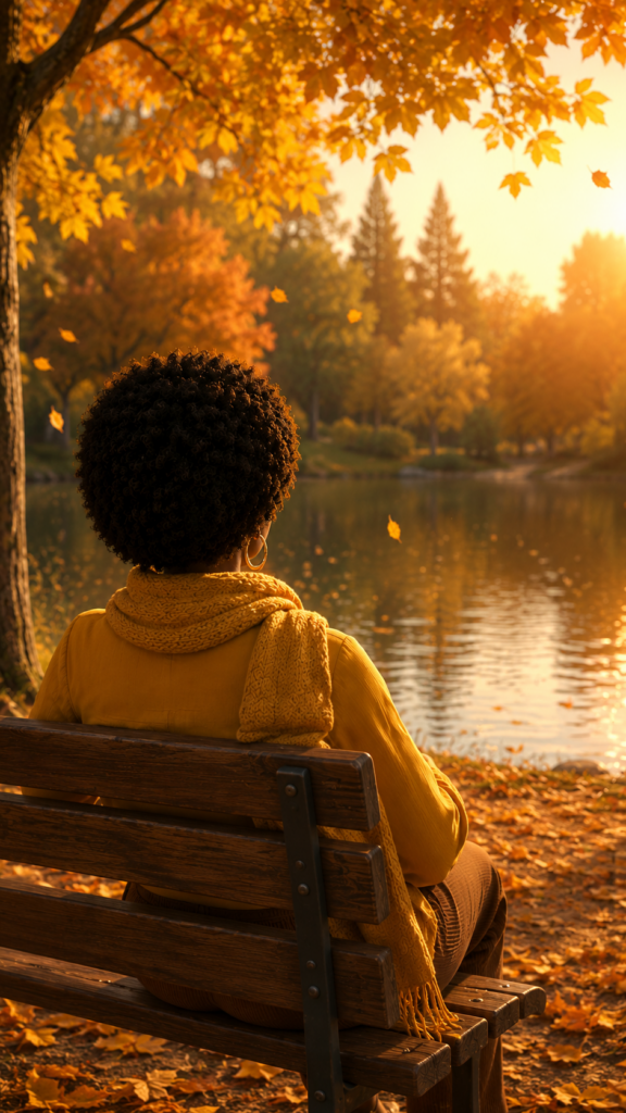 A quiet wooden park bench overlooking a serene lake with golden autumn leaves and a yellow scarf.