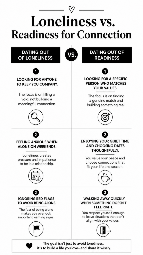 A clean 9:16 comparison graphic titled "Loneliness vs. Readiness for Connection" contrasting dating out of loneliness with dating out of genuine readiness.