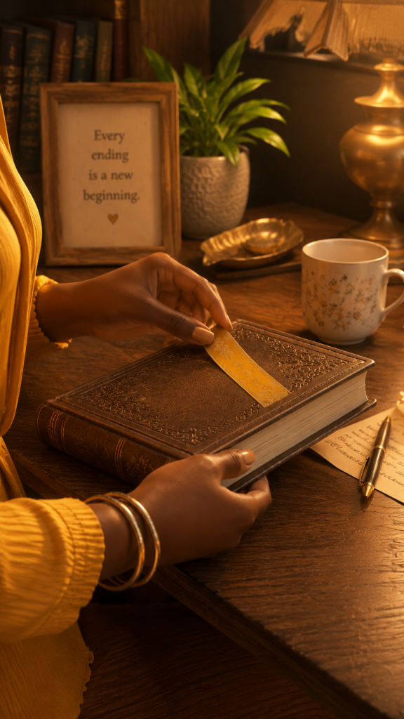 Hands placing a golden yellow bookmark into a vintage book and gently closing it on a wooden desk.
