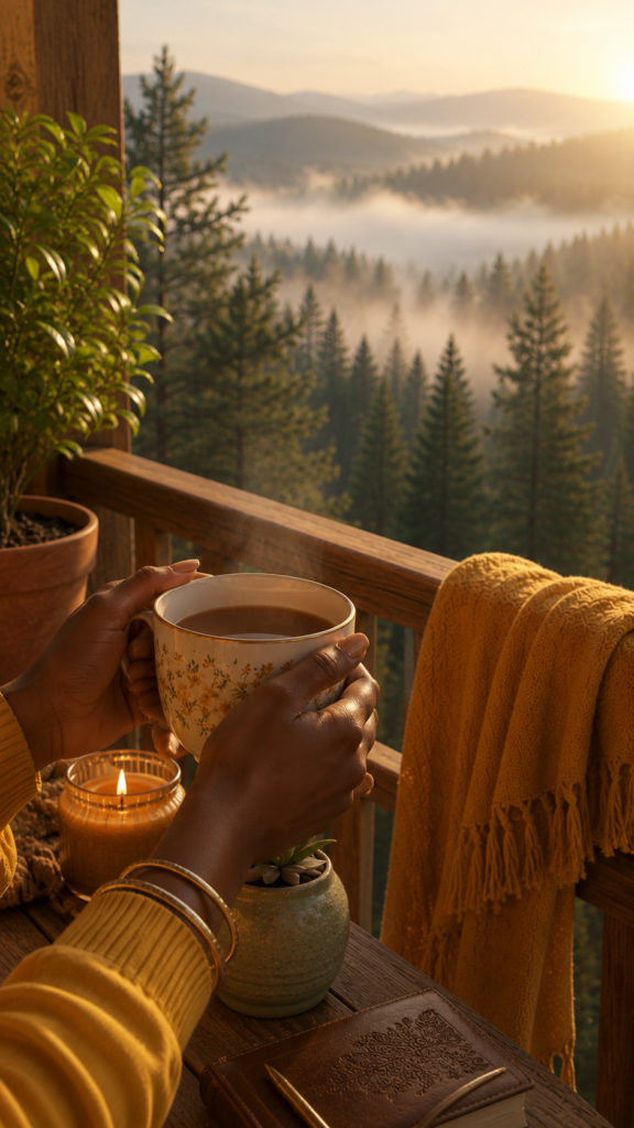 Hands holding a warm porcelain coffee mug on a wooden balcony overlooking a misty pine forest at sunrise.