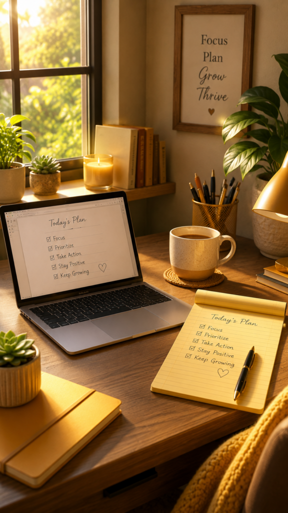 A modern home office desk with an open laptop and a yellow notepad containing a handwritten list in soft light.