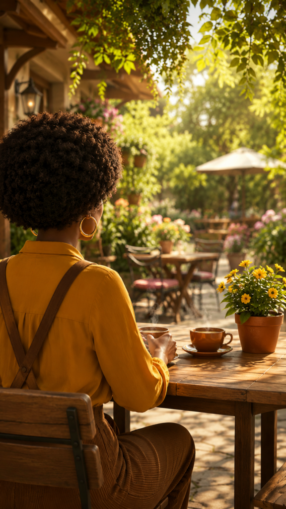 A peaceful 3D animated garden patio café table with two coffee cups and a yellow flowering plant in a clay pot.
